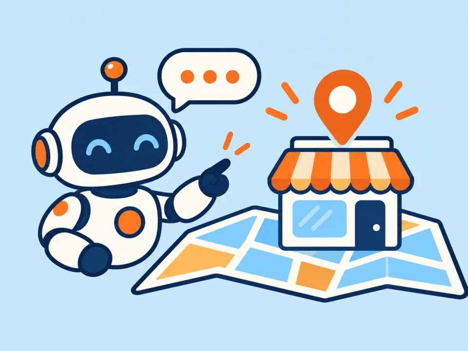 Ilustración de un robot amigable que señala un negocio en un mapa