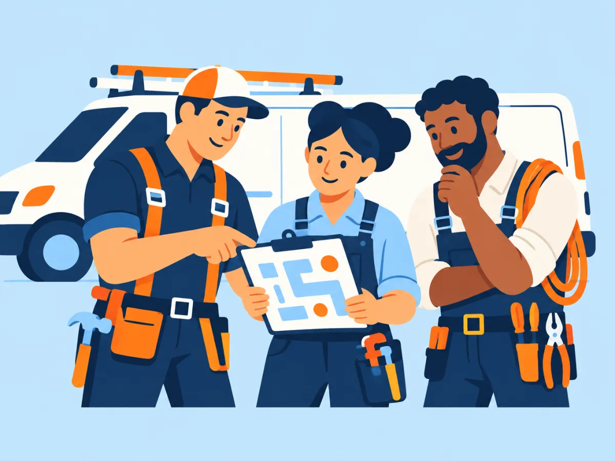 Ilustración de un equipo local revisando un plan en un portapapeles