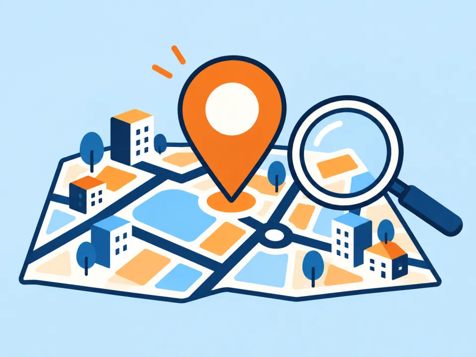 Ilustración de un marcador de mapa sobre el plano estilizado de una ciudad