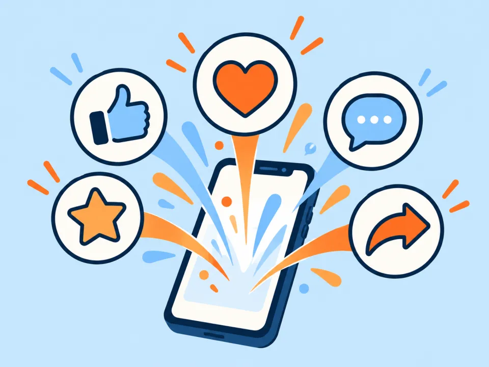 Ilustración de un celular del que salen íconos de redes sociales