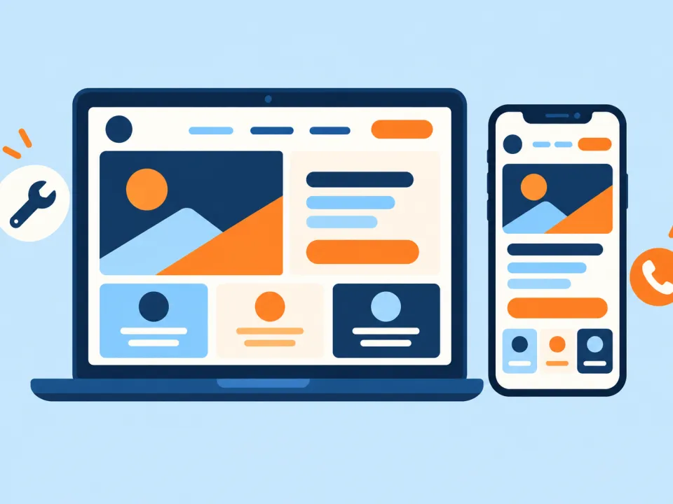 Ilustración de una laptop y un celular que muestran un sitio web